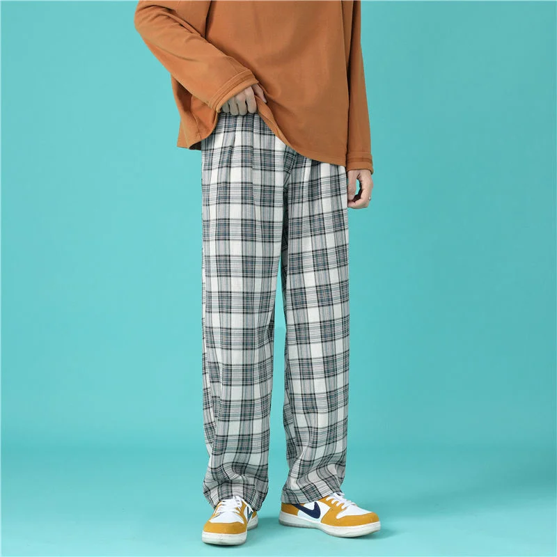 

Spring/Summer Plaid Pants Men Fashion Retro Straight Casual Pants Men Streetwear Loose Hip-hop Wide-leg Pants Mens Trousers