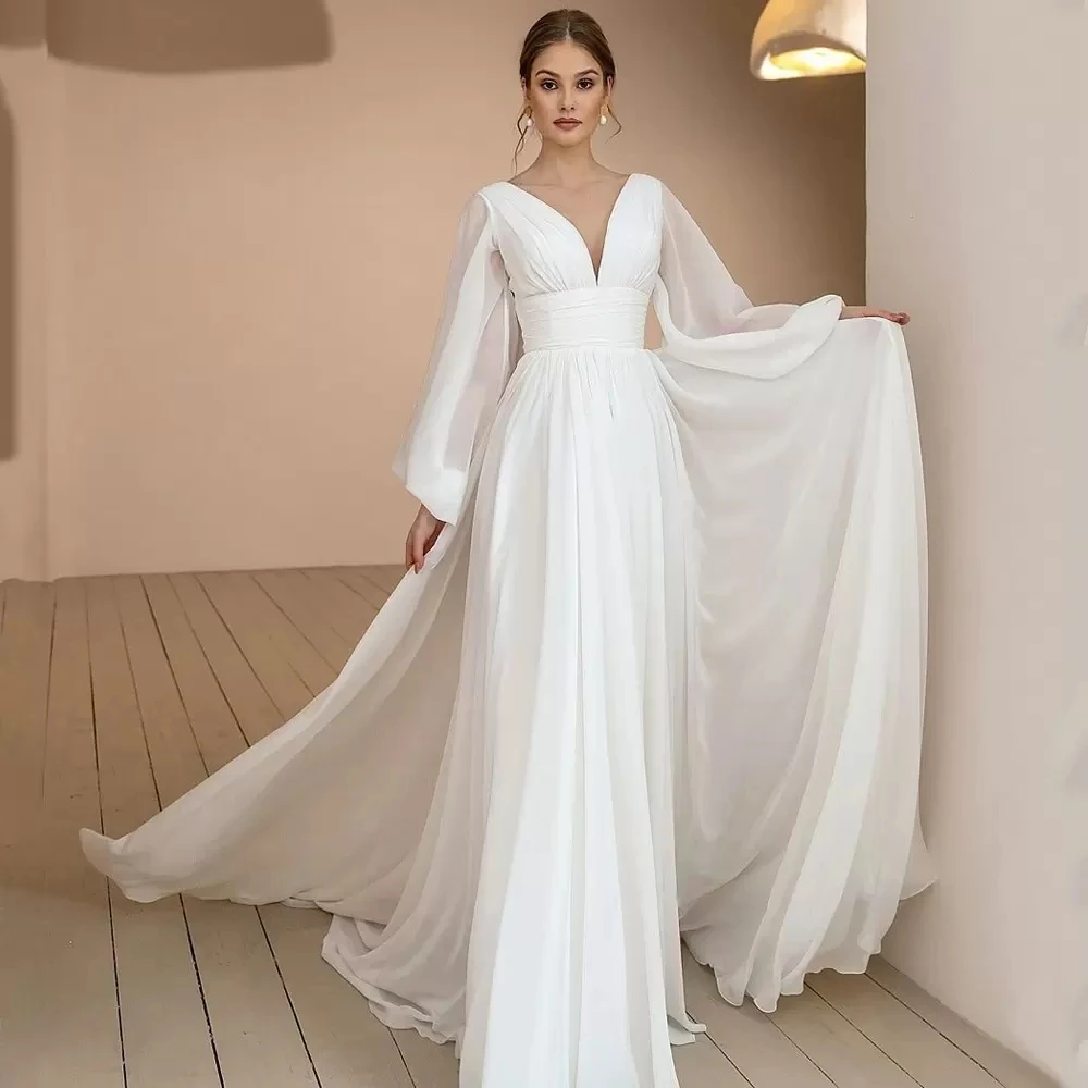 

Sexy Puff Sleeves Chiffon Boho Wedding Dress 2022 V-Neck Ruched Drapped Simple Sweep Train Vestido De Noiva Bridal Gowns