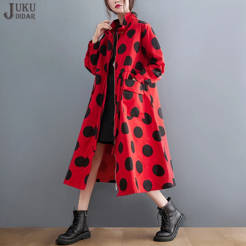 

Zip Up Stand Collar Waist With Drawstring New Woman Red Khaki Dots Printed Long Jacket Trench Coat Loose Fit Windbreaker JJTC003