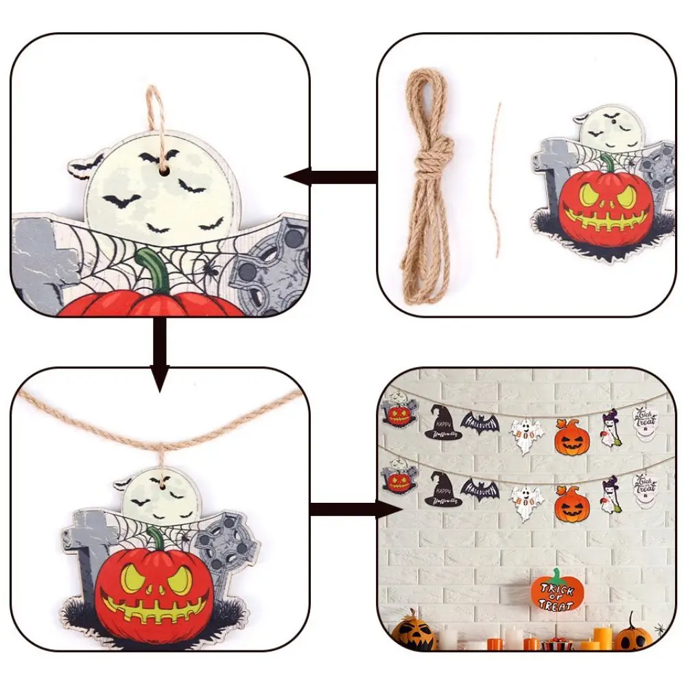 Деревянная гирлянда на Хэллоуин баннер со страшной летучей мышью вытягивающий