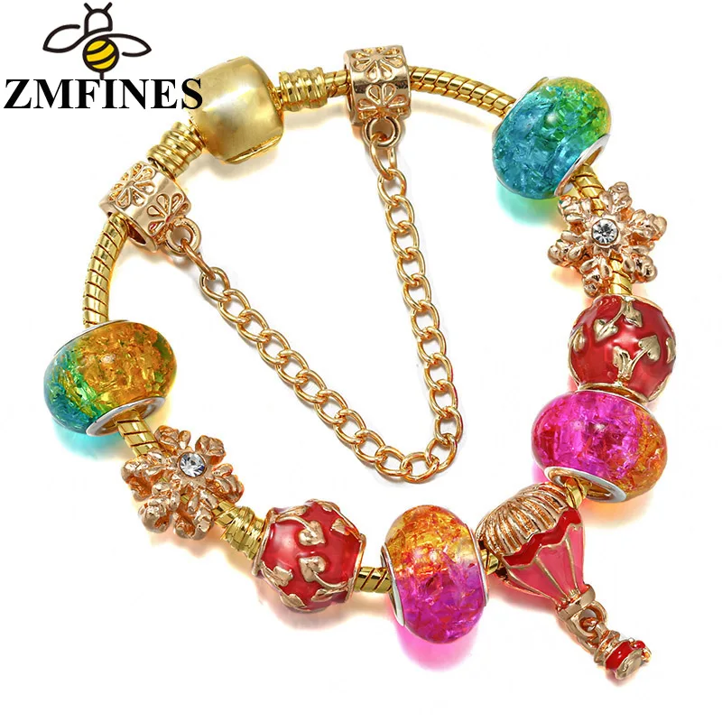 

Colorful Style Charm Bracelet For Women With Snake Chain Hot Air Balloon DIY Charms Beads Pendants High-Quality Jewelry
