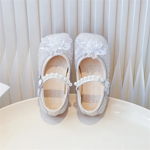 Кожаные Туфли Для Девочек Розового/коричневого Цвета С Жемчужными Цветами И