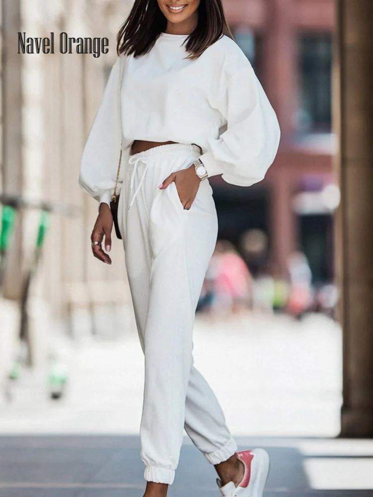 

Women Solid O-Neck Pencil Pants Loungewear Matching Set Slim Spring Autumn Full Flare Sleeve Outfits Backless Streetwear Suits