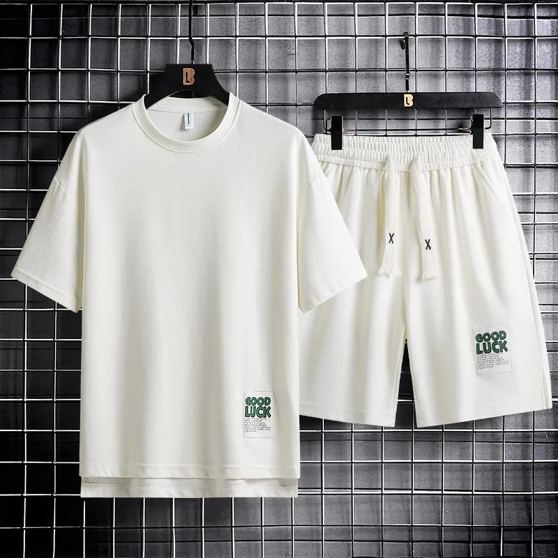 

Cotton short sleeve men's loose fashion brand summer solid T-shirt leisure sports suit student handsome clothes set