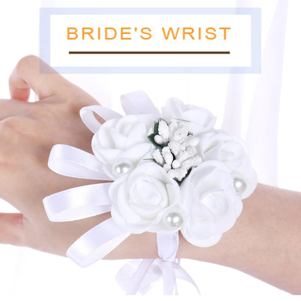

Bridal Wrist Flower Corsage White Imitation Wedding Supplies Bridesmaid Silk Ribbon Bride Sisters Hand Flowers