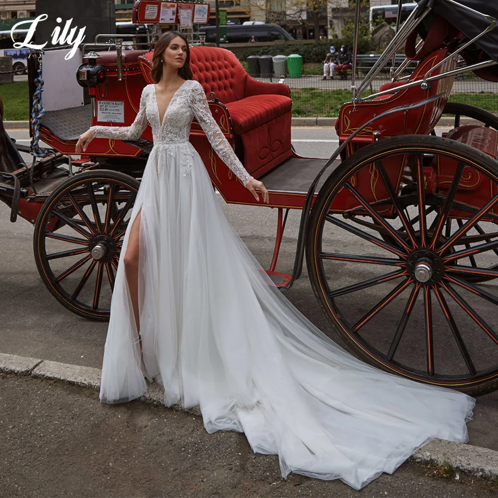 Купи A-Line Tulle Wedding Dress Charming V-Neck Long Sleeves Court Train Bridal Gown Vestido De Novia Custom Made vestido novia за 5,280 рублей в магазине AliExpress