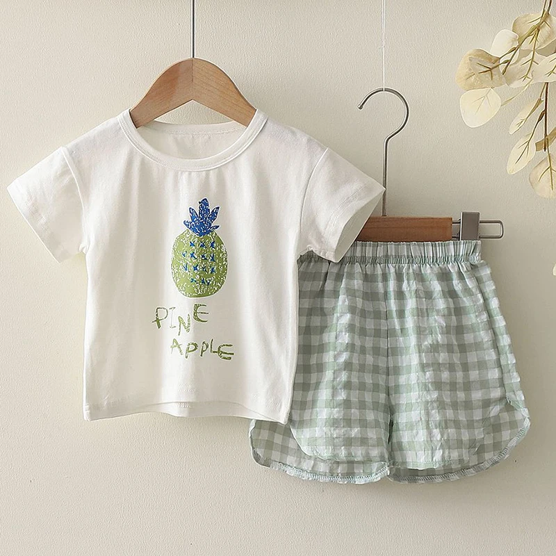 

Summer Toddler Baby Girl Boys Clothes Suit Cotton Short Sleeve Printed T-shirt+Plaid Shorts Infant Baby Boys Girls Clothing Set