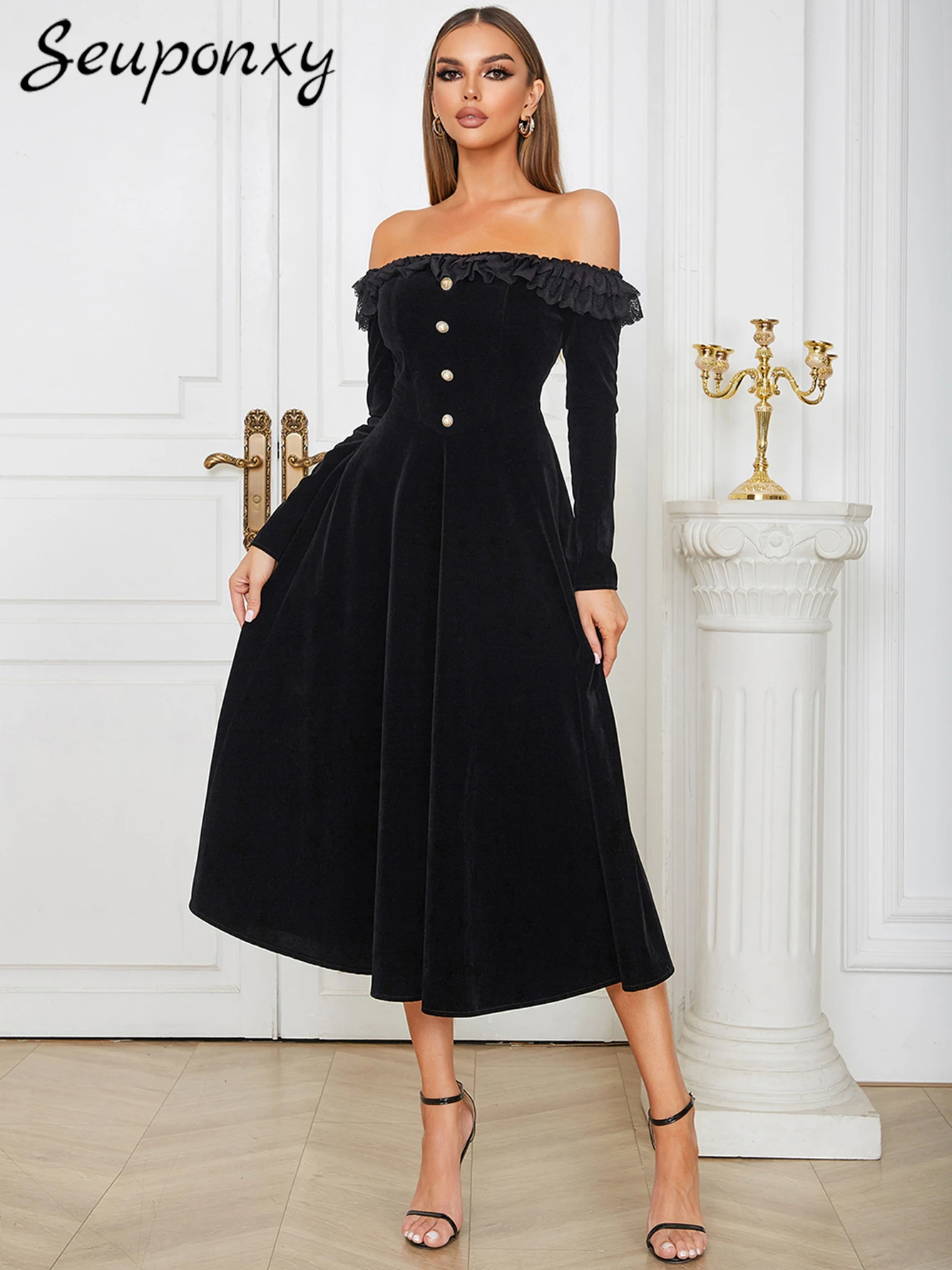 

Женское вечернее платье на пуговицах, черное платье средней длины с открытыми плечами и длинным рукавом, с открытой спиной, для клуба и вече...