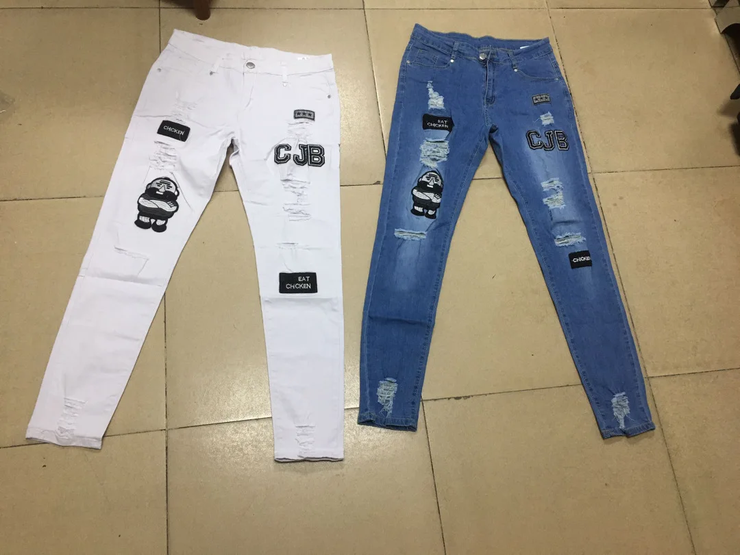 Hip Hop White Embroidery Jeans Men Cotton Stretchy Ripped Skinny Jeans High Quality Black Hole Slim Fit Oversize Denim Pants
