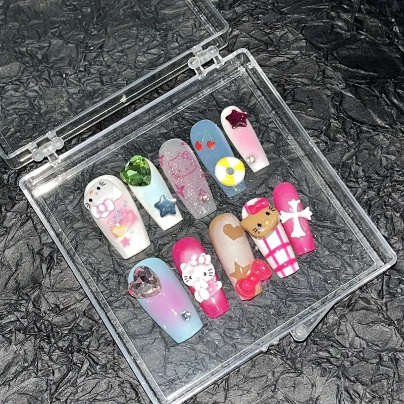 

Sanrio Vacation Black Skin Hello Kitty Handmade Three-Dimensional Nail Patch Y2k Girl Heart Cartoon Fake Nails Girls Toys Gift