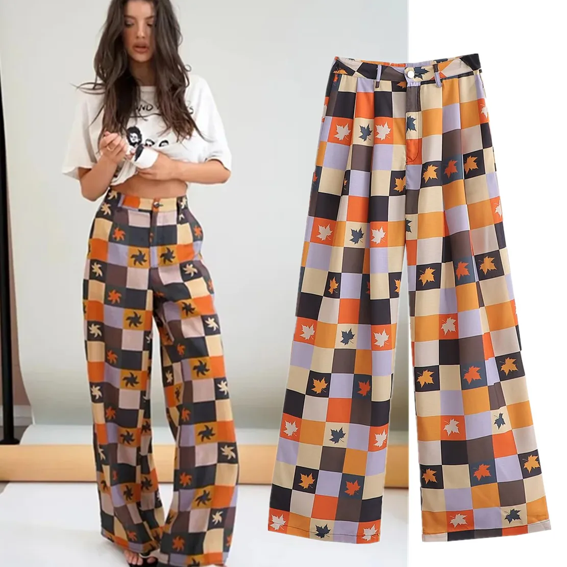 

Elmsk 2022 Instagram блогеры винтажные геометрические свободные шаровары с принтом листьев женские повседневные брюки с высокой талией брюки