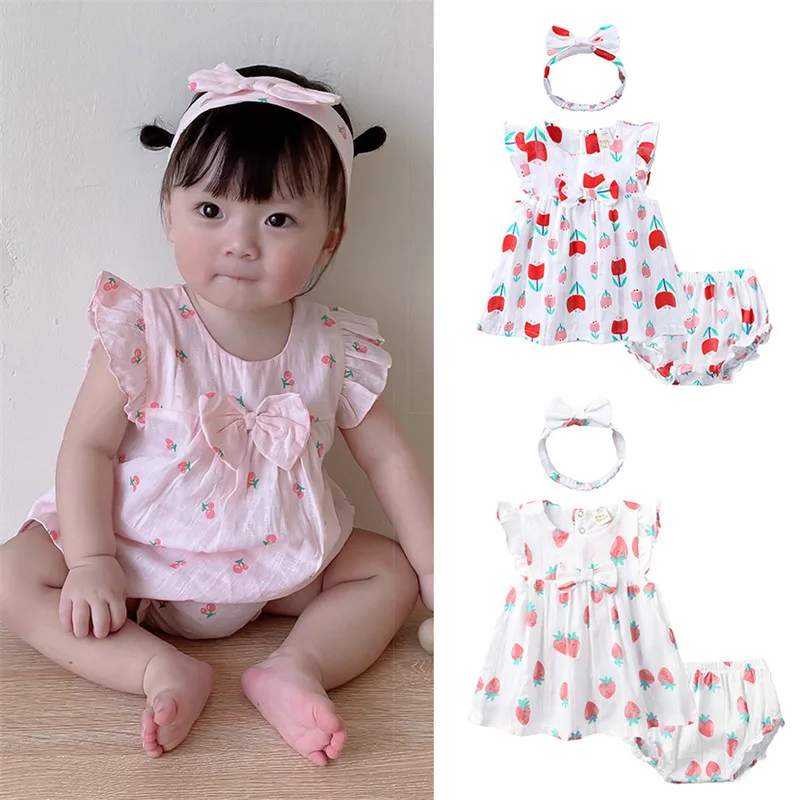 2022 Floral Girls Clothes Sets Summer Baby Girl Outfit Set Baby Dress +Cotton Shorts +Headband Children Princess Sweet Clothing