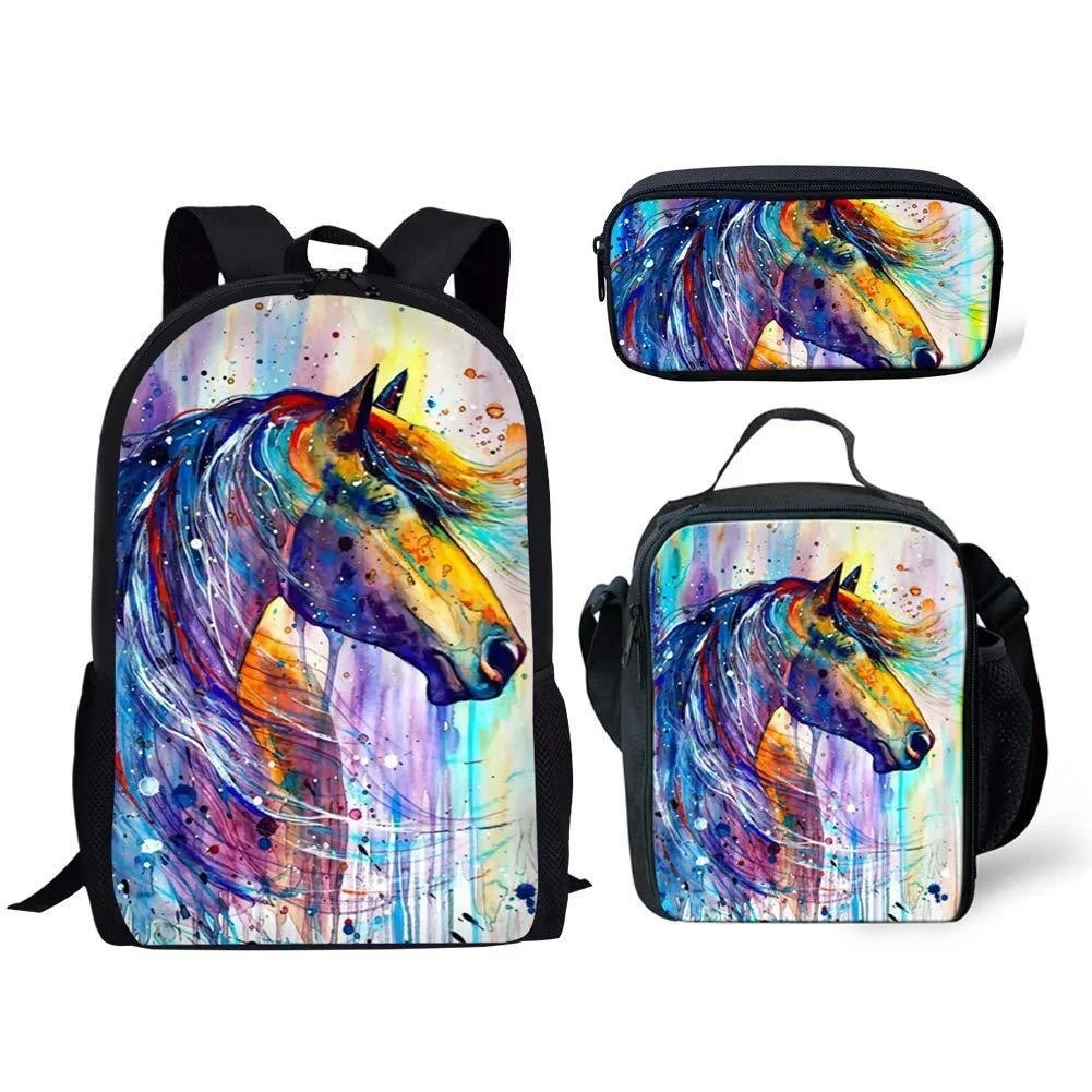 

3D Horses Printed Backpack Lunch Bag Pencil Case 3Pcs/Set Student Campus Storage Backpack Teenager Boys Girls Supplies Book Bag
