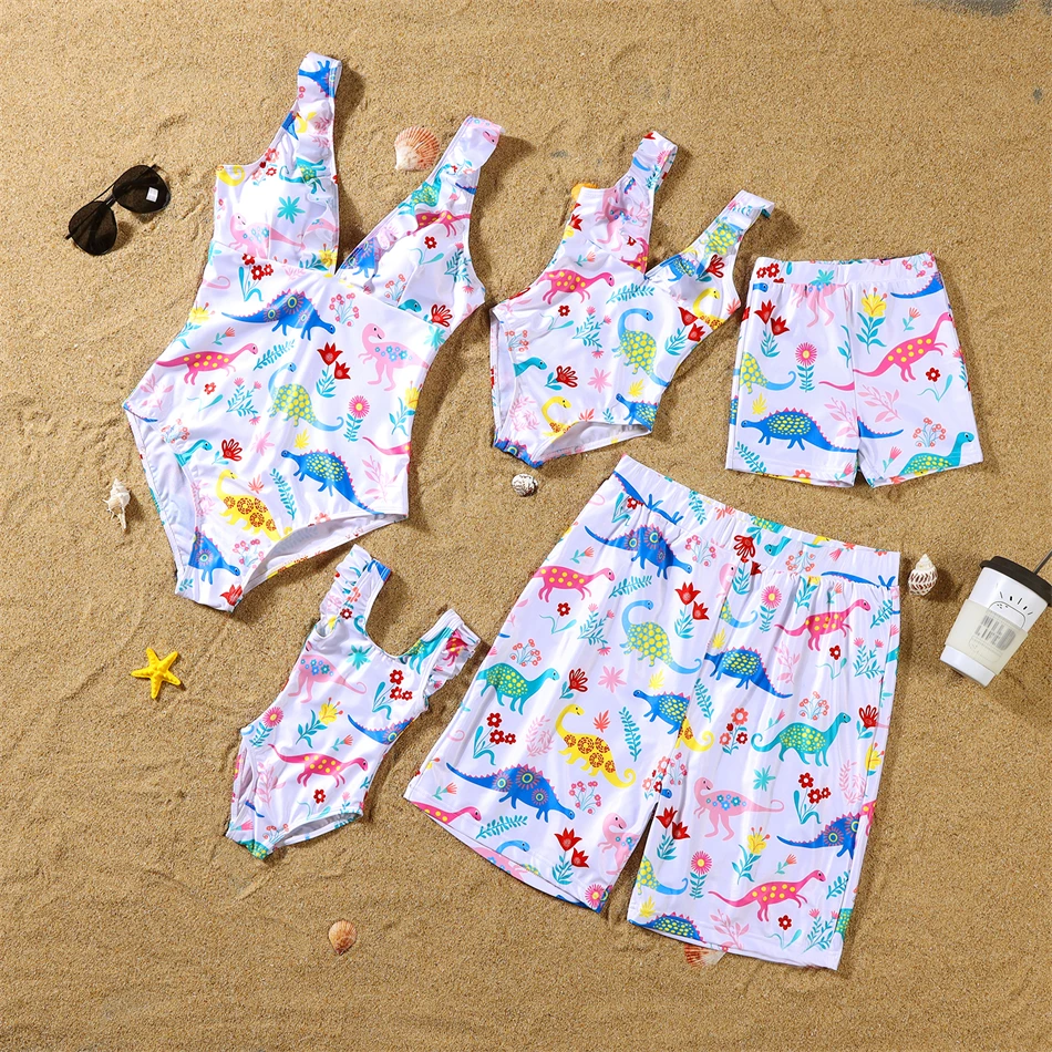 Dinosaurs Swimwear Family Matching Outfits V-Neck Mother Daughter Swimsuits Mommy and Me Dresses Clothes Father Son Swim Shorts
