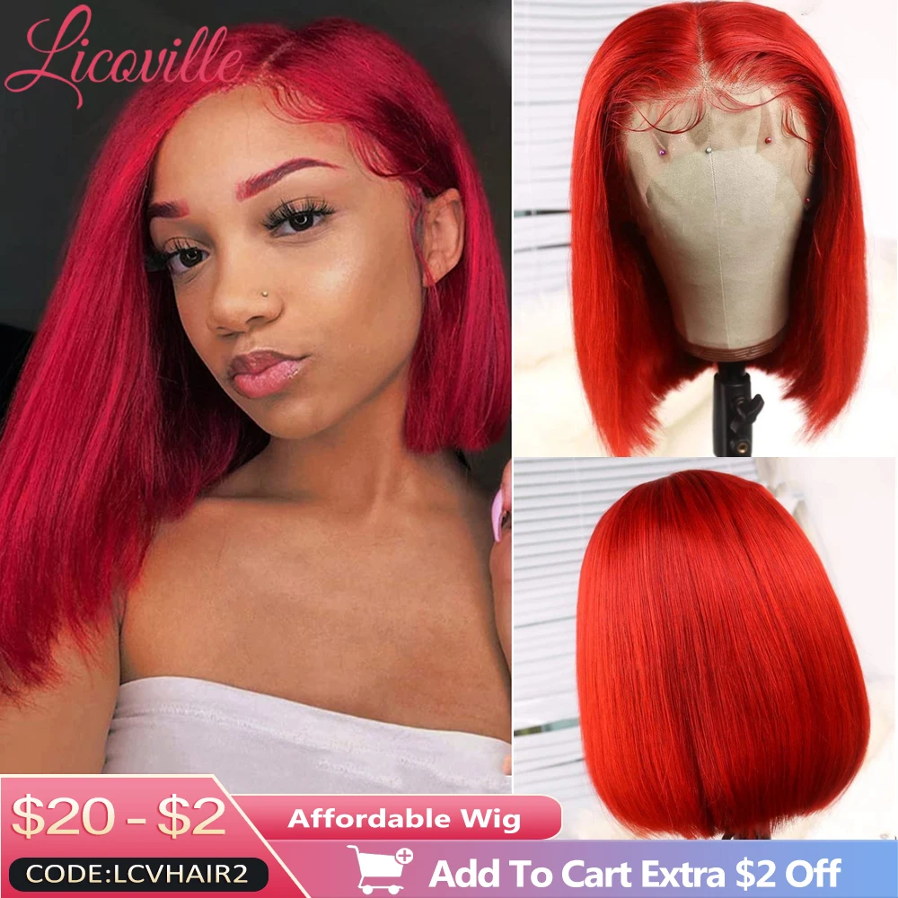 

Парики из красных человеческих волос, бразильские прямые короткие парики боб для женщин, прозрачный фронтальный парик 13x4, парики с предвари...