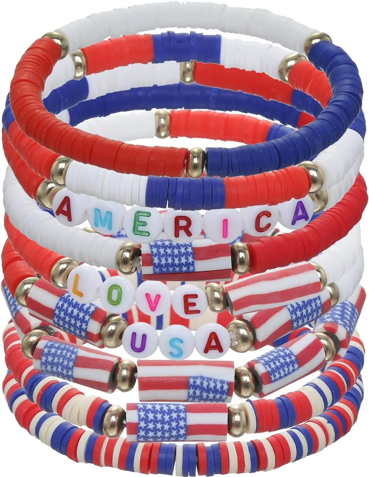 

Patriotic Heishi Clay Bead Bracelets Red, White & Blue 4th of July Bracelets Holiday Surfer Heishi Stackable Jewelry Accessories