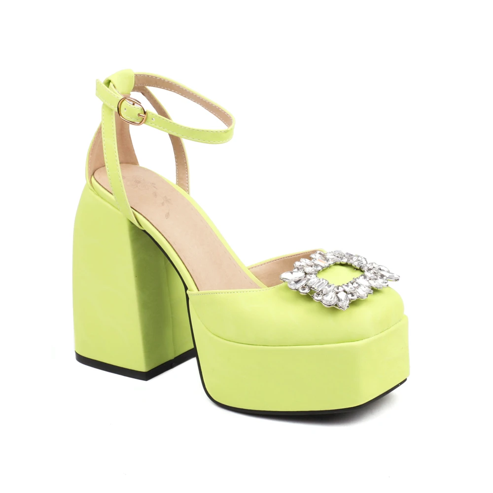 Super High Thick Heel Rhinestone Decal Hollow Square Toe Buckle Strap Fashion Platform Sandals Women Shoes Sexy Wedding Pumps