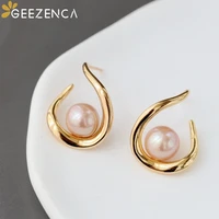 geezenca luxury s925 silver gold plated freshwater pink pearl earrings simple fashion u shaped stud earrings female party gift