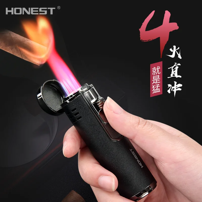 

Honest Cylindrical Metal Gas Inflatable Four Straight Jet Cigar Lighter Red Fire Multi-function Cigarette Smoking Gift Accessory