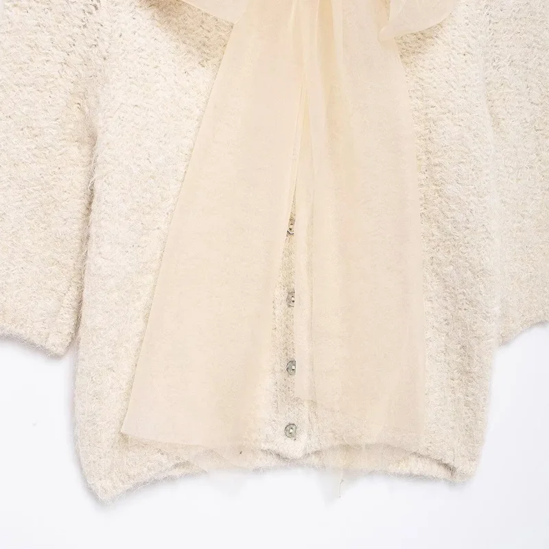 TRAF 2024 женский свитер кардиган укороченный вязаный с бантом осенний трикотаж