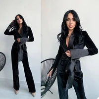 Sexy V Neck Women Black Velvet Jumpsuits With Belt Shawl Lapel Custom Made Wide Legs Trousers Daily Power Party Suits