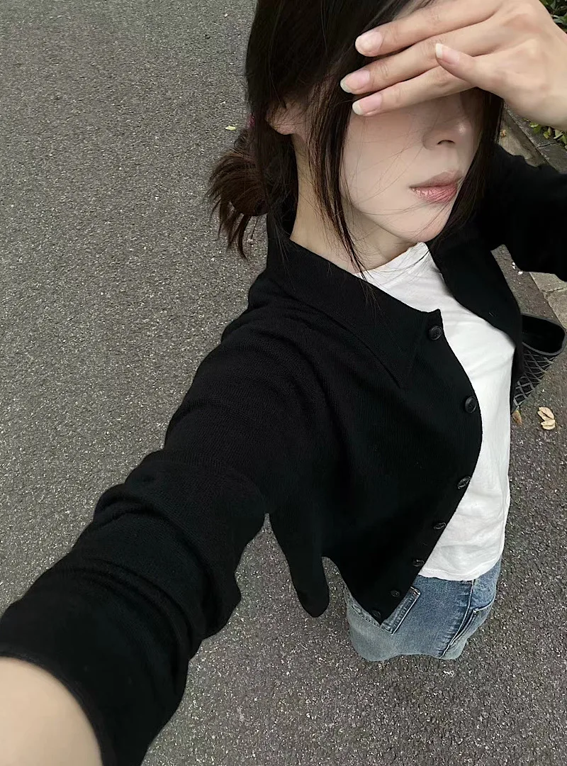 Темпераментный черный вязаный кардиган с лацканами в стиле ретро женский