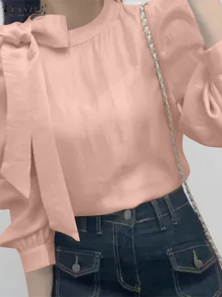Летняя Блузка ZANZEA 2024 с пышными длинными рукавами элегантная женская однотонная