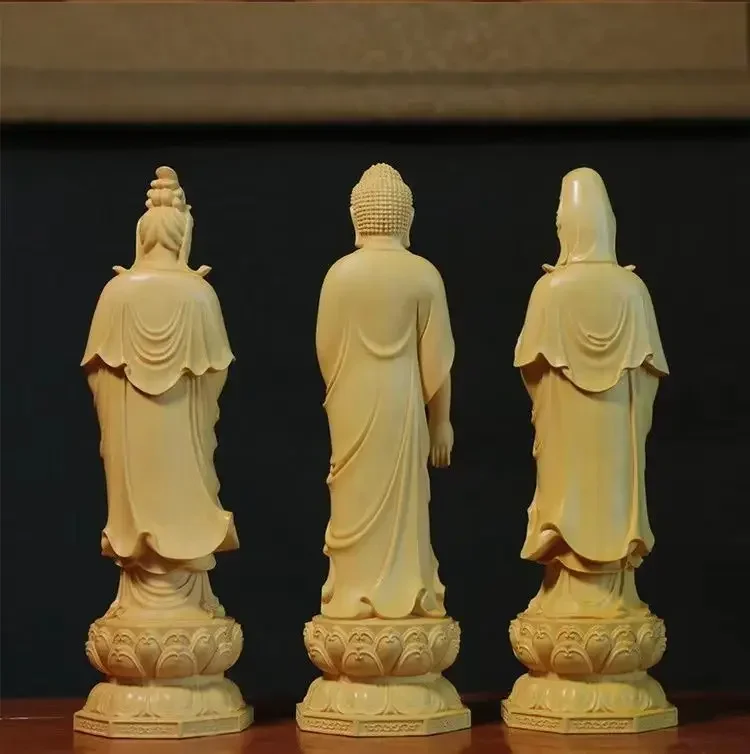 Резьба по самшиту Запад Три Святых Амитабха Будда Да Шэнгзе Гуаньинь Бодхисаттва