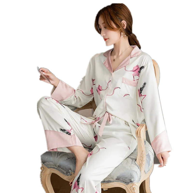 White Pink Flamingo Print Silk Pajamas for Women Fashion Home Suit Spring Sleepwear