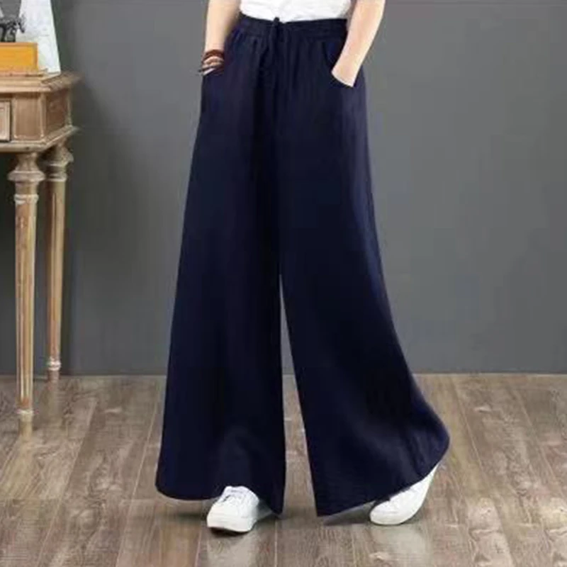 Wide Leg Women Flare Pants Casual Solid Color High Waist Full Length Pockets Loose Long Trousers Wide Leg Pants