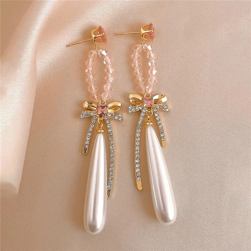 

2022 Long Waterdrop Pearl Pendant Earrings For Women Fashion Jewelry Crystal Bowknot Party Statement Dangle Pendientes Brincos