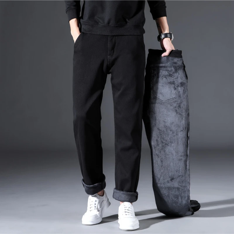 Winter New Men's Warm Jeans Business Fashion  Style Black Blue Denim Straight Fleece Line Thick Pants Male Brand Trousers