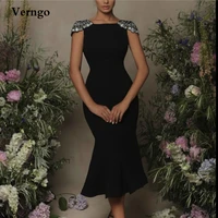 verngo black stretch mermaid prom dresses jewel neck cap sleeves diamond midi formal party gown saudi arabic women evening gown