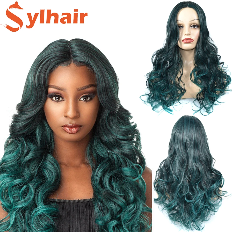 

Sylhair Ombre Green Synthetic Water Wave Wig 24'' Long Natural Wave Wigs for Women Middle Part High Temperature Wavy Cosplay Wig