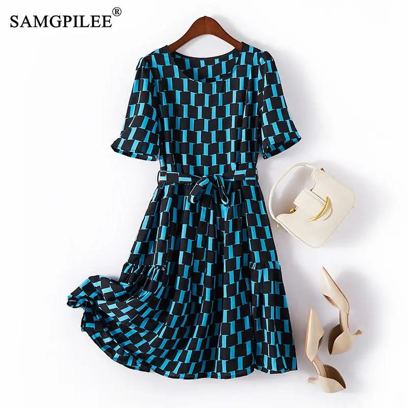 

Женское шифоновое платье с круглым вырезом, коротким рукавом и геометрическим принтом