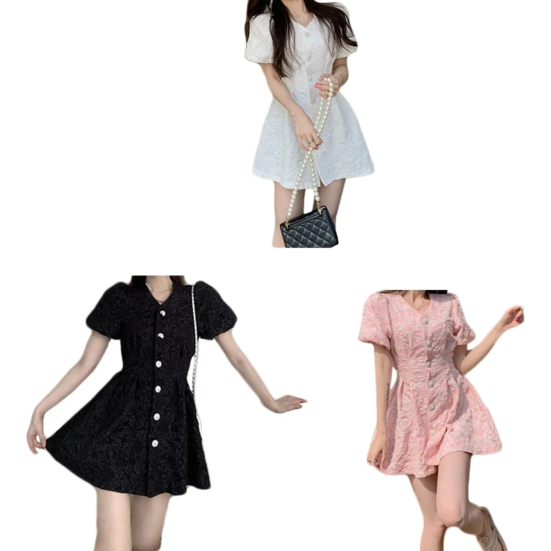 

Women Puff Short Sleeve Button Floral Texture Cutout Waist A-Line Mini Dress