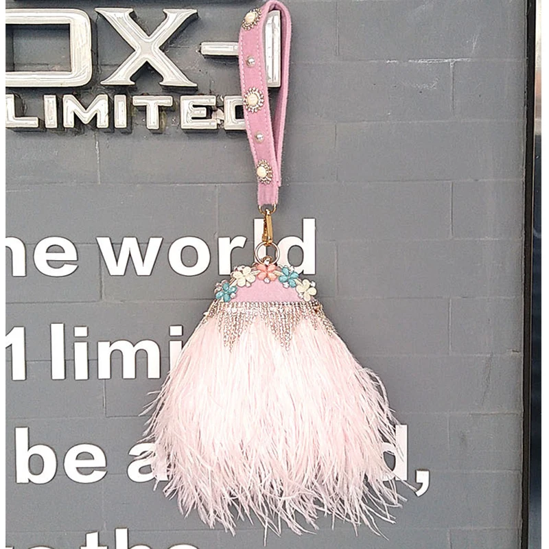 Luxury Ostrich Feather Party Clutch Evening Bag Designer Purses and Handbags for Women Rhinestone Wedding Chain Shoulder