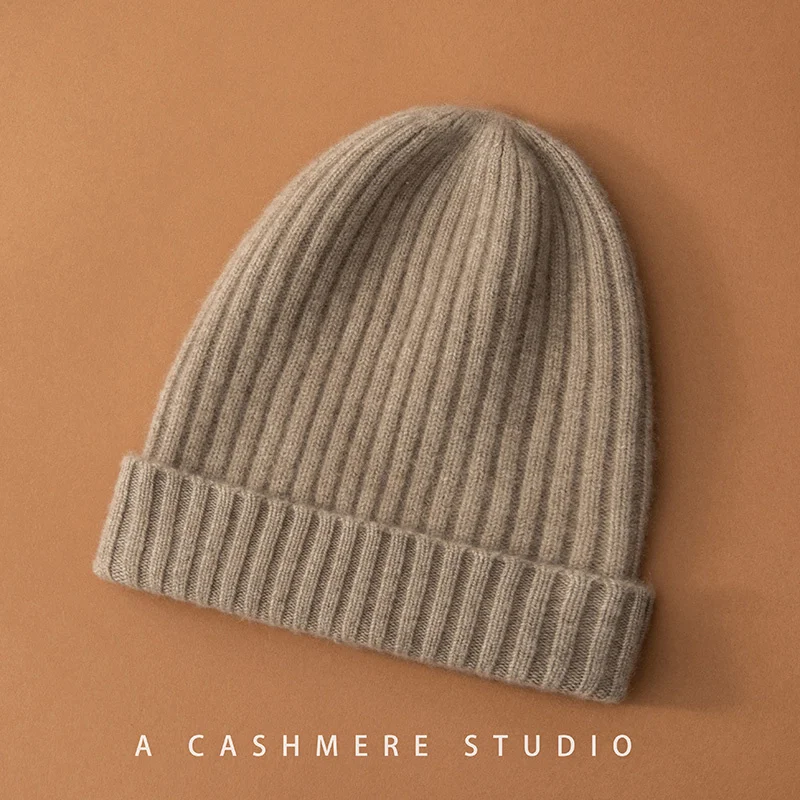 

New Winter 100% Cashmere Knitted Headgears Women Keep Warm Beanie Hat High Quality Solid Casual Hedging Cap Skullies