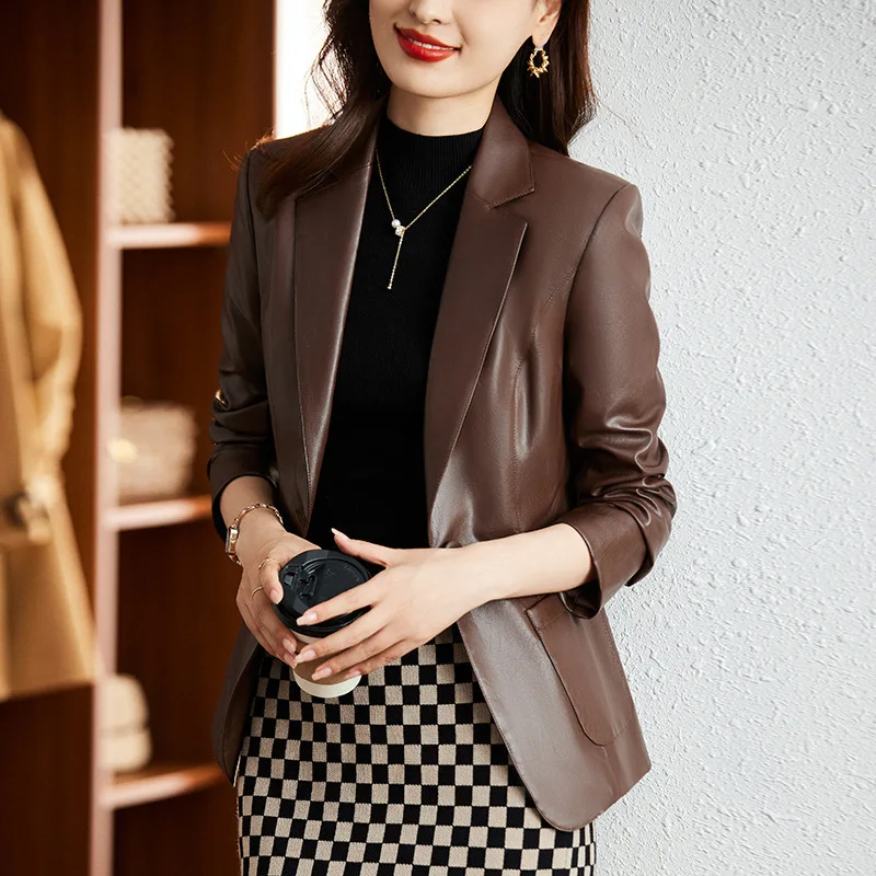 PU Leather Coat Women's Short Casual Suit Faux Leather Top  Autumn/Winter  Faux Leather  Single Button Office Lady Formal Suit