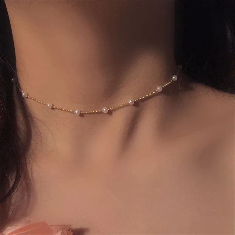 

New Beads Women's Neck Chain Kpop Pearl Choker Necklace Gold Color Goth Chocker Jewelry On The Neck Pendant 2023 Collar For Girl