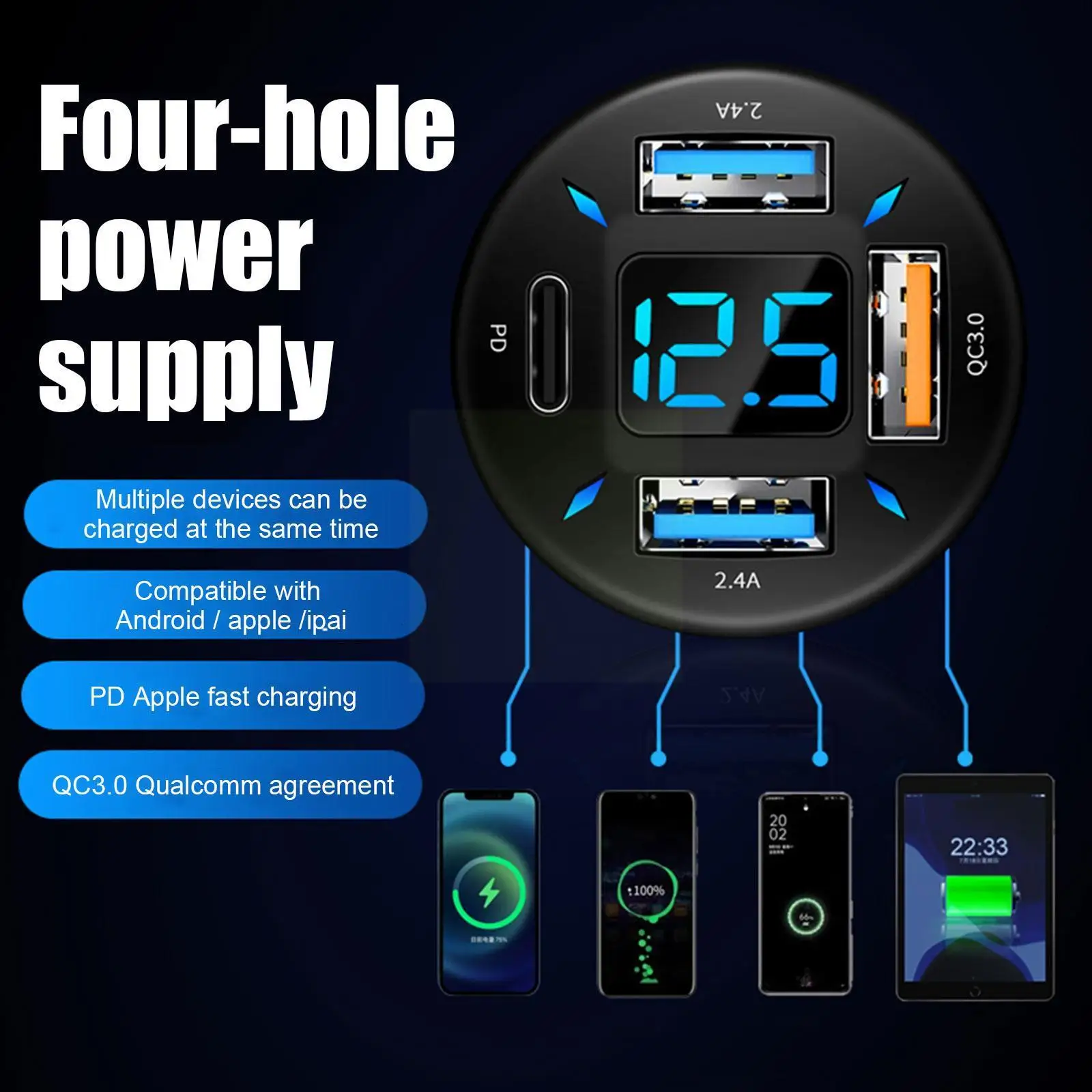 

Car Charger 3 USB With PD Universal Mini Quick Charge LCD Lighter With Cigarette Digital Display Adapter K0H4