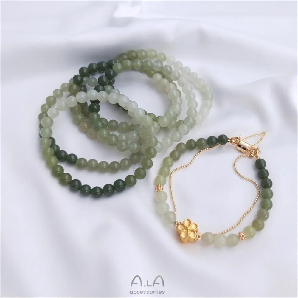 Natural Hetian jade qingshui green gradually changing bracelet single ring DIY hand-beaded jewelry accessories jade hand string