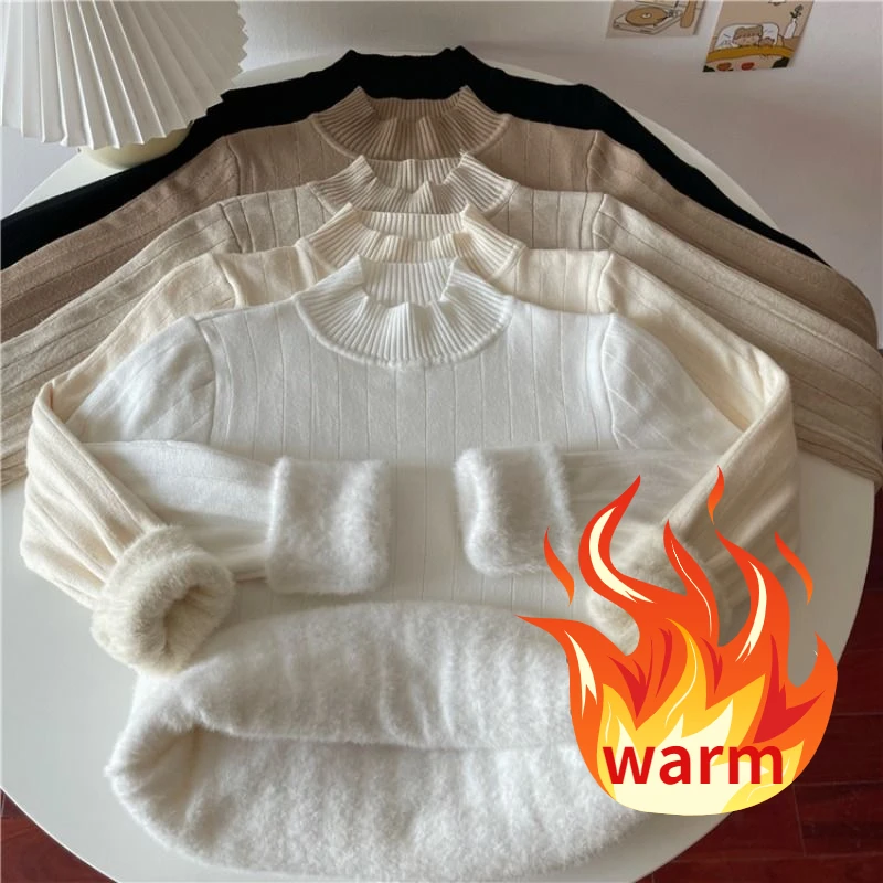 Knitwear Women's Fleece Half Turtleneck Long Sleeve Bottoming Shirt Autumn Winter Thicken Solid Tight Sweater Y2k Drop Shipping