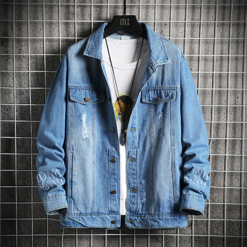 

Корейская мужская куртка, Мужская модная брендовая джинсовая куртка с дырками, Осенние лацканы в стиле ретро