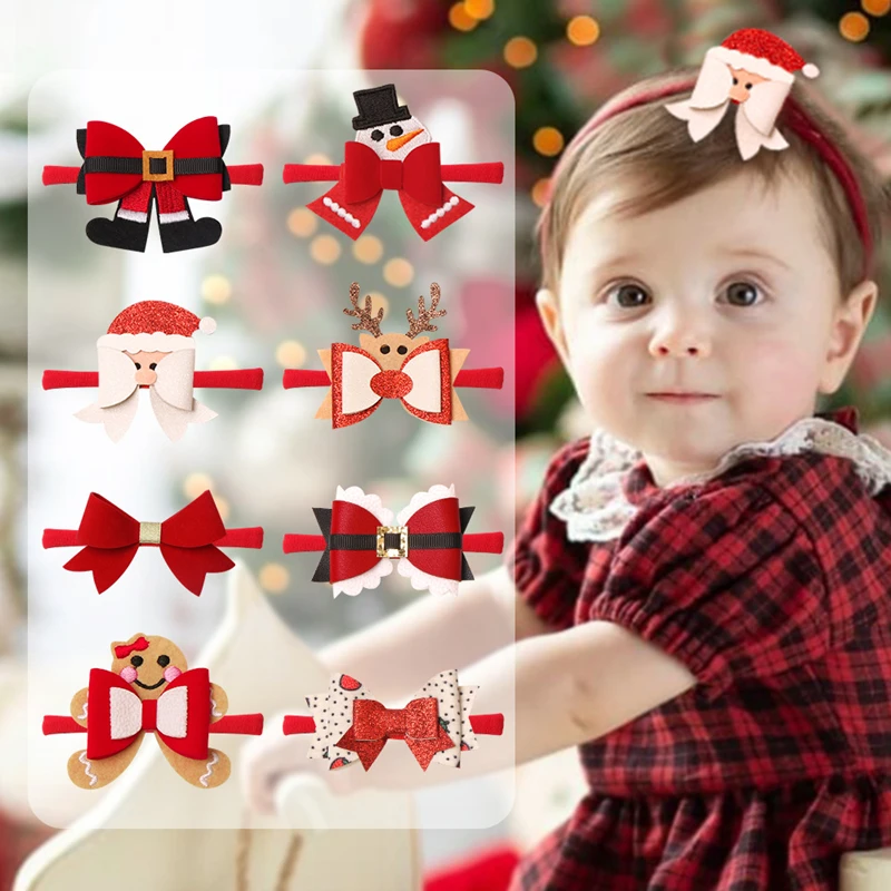 

10PC/LOT Christmas Hair Accessories For Baby Girls Cute Santa Claus Bows Hairbands Nylon Elastic Bands Octopus Bowknot Snowman