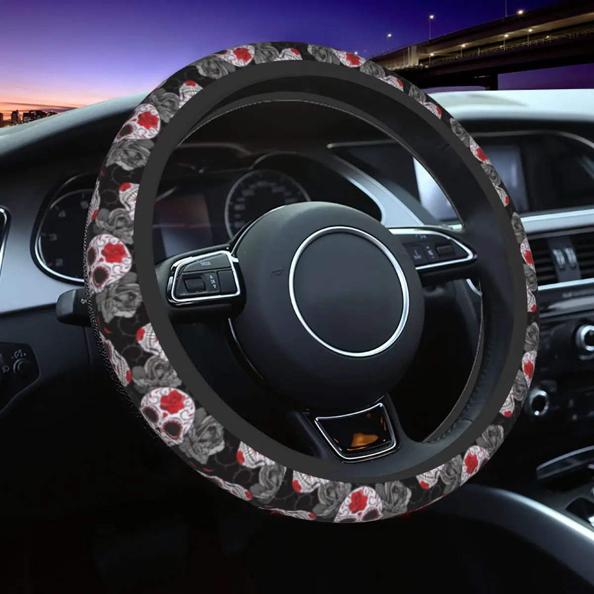 

Sugar Skull Rose Halloween Car Steering Wheel Cover 38cm Gothic Day of the Dead Steering Wheel Protective Cover Car-styling