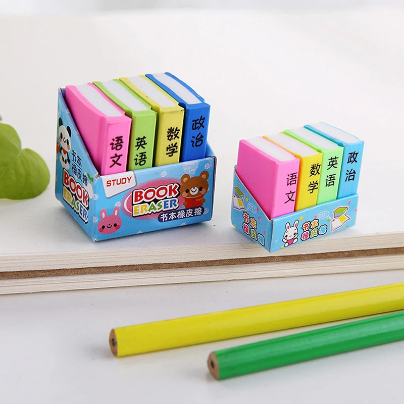 

4Pcs Creative Book Style Pencil Eraser Cute Chinese Math Textbook Candy Color Eraser Student Stationery School Office Supply