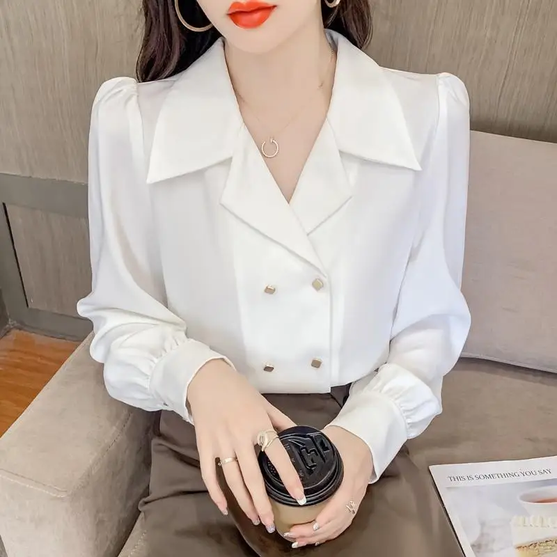 2022 New Elegant Double Breasted Puff Sleeve Business Retro Blusas Mujer De Moda Office Blouse Women 3XL Red Shirt Women Spring