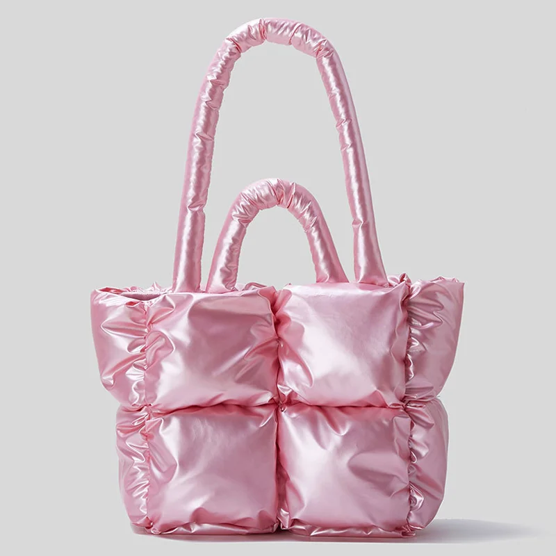 

Модная Сумка-тоут с лазерной подкладкой, дизайнерские стеганые женские сумки, роскошные нейлоновые пуховые хлопковые сумки на плечо, большая металлическая сумка-шоппер