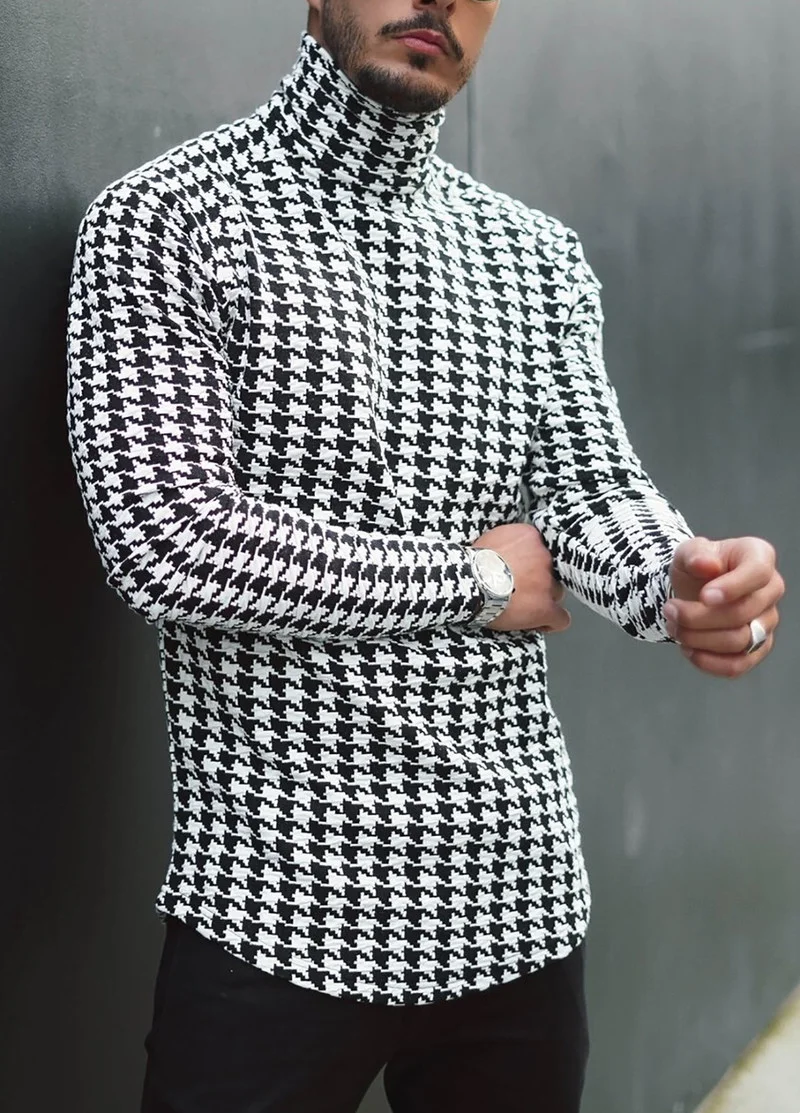 

T Shirt for Men Long Sleeve Turtleneck Shirts Autumn Best Seller Mens Clothing Plaid Slim Fit Male Casual Pullover Tshirt Tops